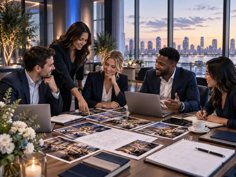 event professionals collaborating on plans for a premium city venue