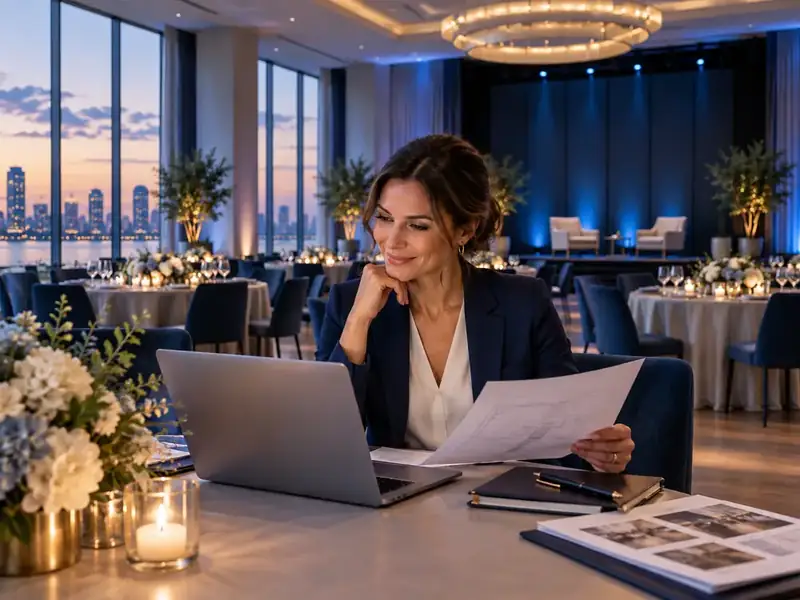 event organizer reviewing plans and documents in a prepared event venue