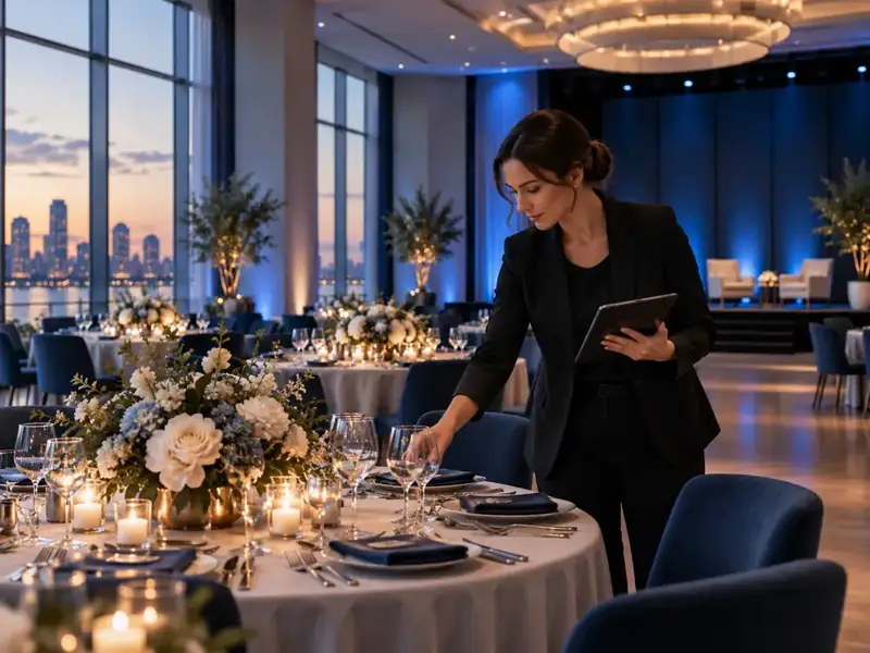 event professional checking a prepared table setup in a premium venue